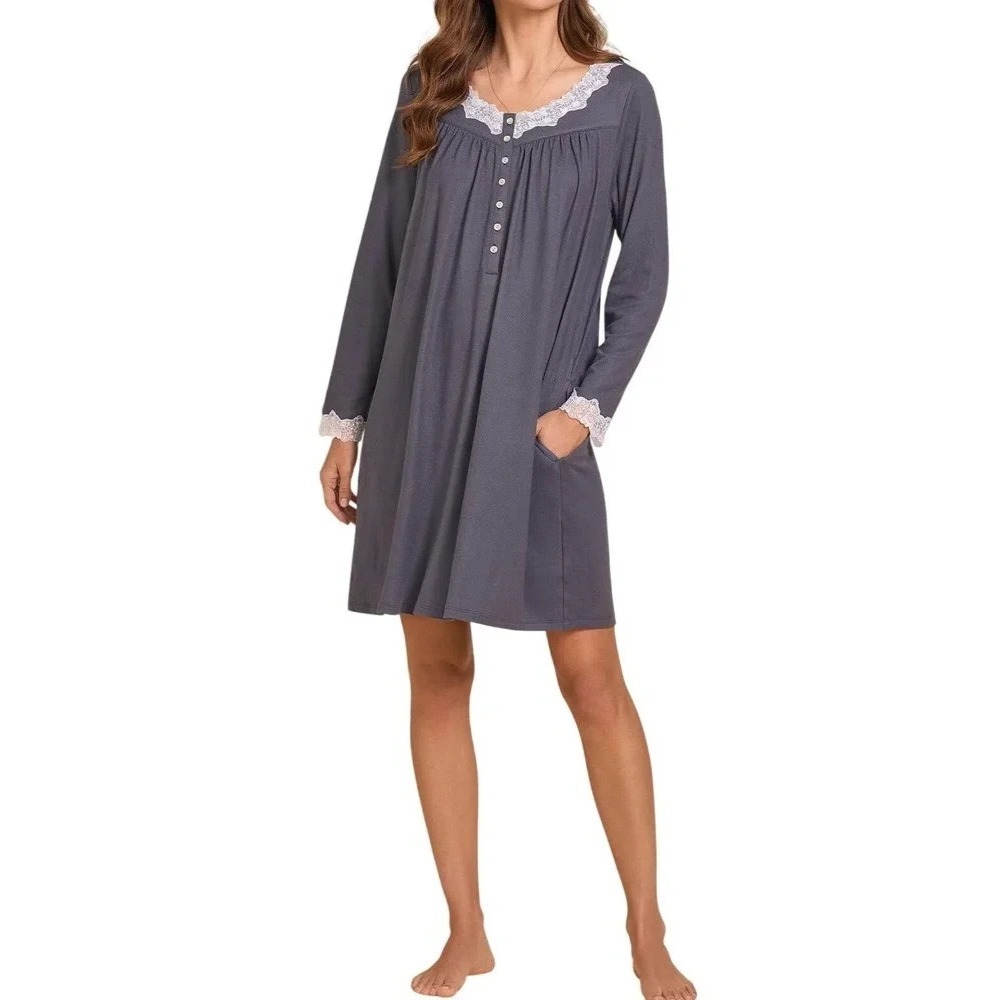 NEW NWT Eileen West Sweater Knit Short Long Sleeve Nightgown Women's M Grey Lace